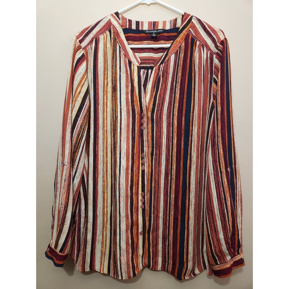 Zac & Rachel Woman 2X Striped Roll Tab Sleeve Button Boho Blouse Rust Orange